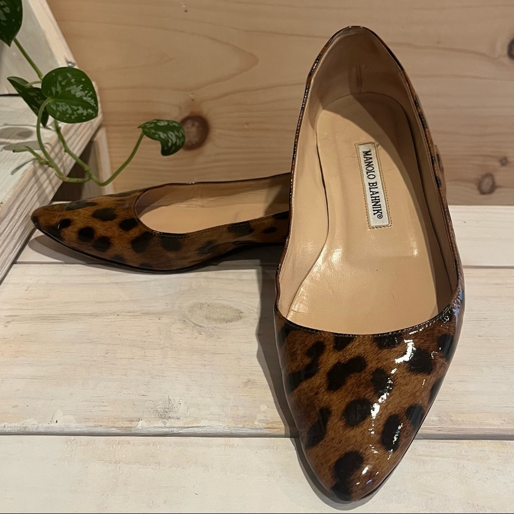 Manolo Blahnik Italian Leopard Patent Leather Titto Ballet Flats / 6.5